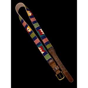 Vintage A Tail We Could Wag Belt 34 Woven Southwest Pattern Leather Brass Buckle